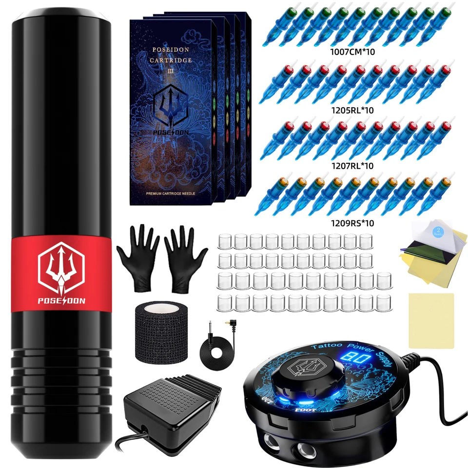 Poseidon Tattoo Kit Rotary Tattoo Pen s súprava s kazetami Tattoo Machine Kit s napájacím napájaním RCA rozhranie