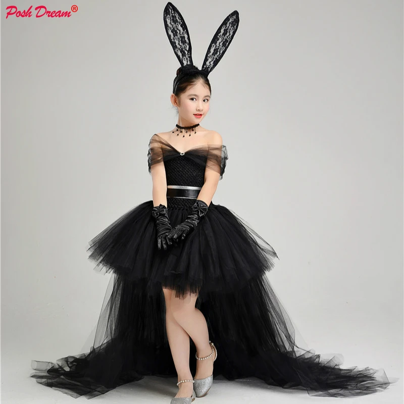 Posh Dream 4 PCS Šaty čelenka náhrdelník rukavice dievča čierna princezná tutu šaty s vlakom Tulle Black Girls Halloween Party šaty