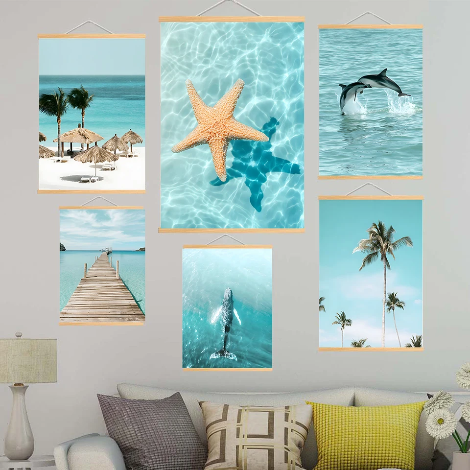 Posúvacie maľby drevo Haning Blue Ocean Beach scenéria Picture Bird Bridge Parazit Whale Dolphin Art Plagát reštaurácia Restaurant Deco