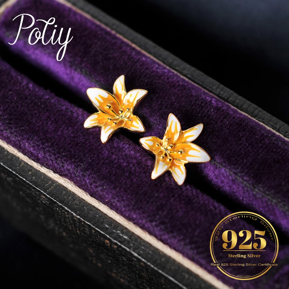 Potiy Frosted Lily Gradient Gradient Smalt Color 14k žlté zlato pokovovanie 925 Sterling strieborné náušnice pre dievčatá roztomilý darček