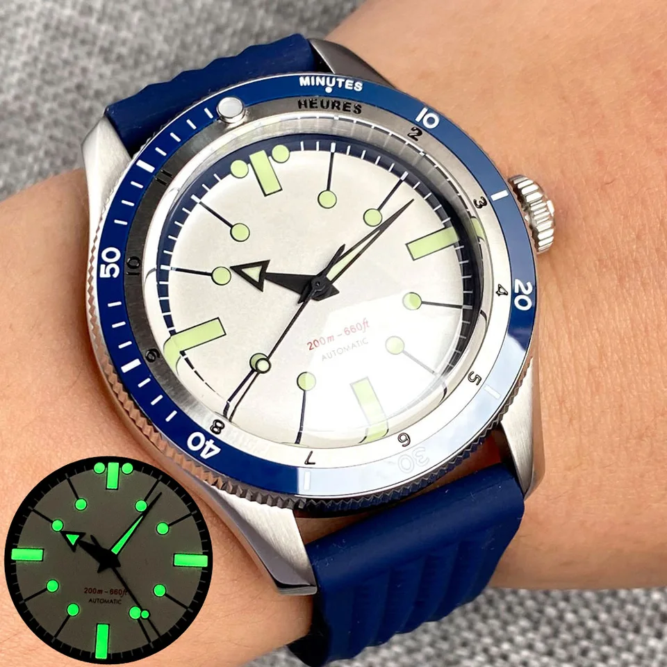 Potápač 40 mm tandorio NH35A PT5000 Mechanické automatické hodinky Men 200 m odolných vodou, modrá biela biela klenutá zafírová sklenená skrutka Koruna