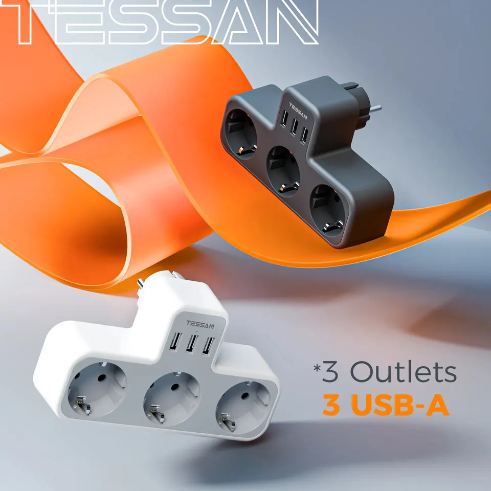 Power prúžku Tessan Eu Eu s 3 striedavými zásuvkami +3 USB porty, 6 in 1 nabíjačku nabíjačku adaptér pre preťaženie pre preťaženie domov pre domov