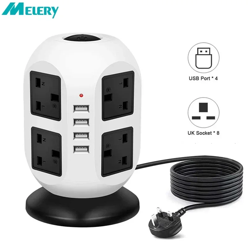 Power prúžky Tolery Tower, vertikálne UK Plug Adapter, zásuvky AC, viac elektrické zásuvky, USB prepätie, predlžovací kábel 3M