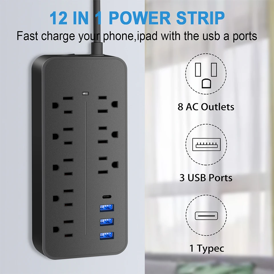 Power Surfect Protector Strip 6/8 striedavých zásuviek s predĺženým káblom 10A 110V 220V EU Plug Smart Outlet Power Strip