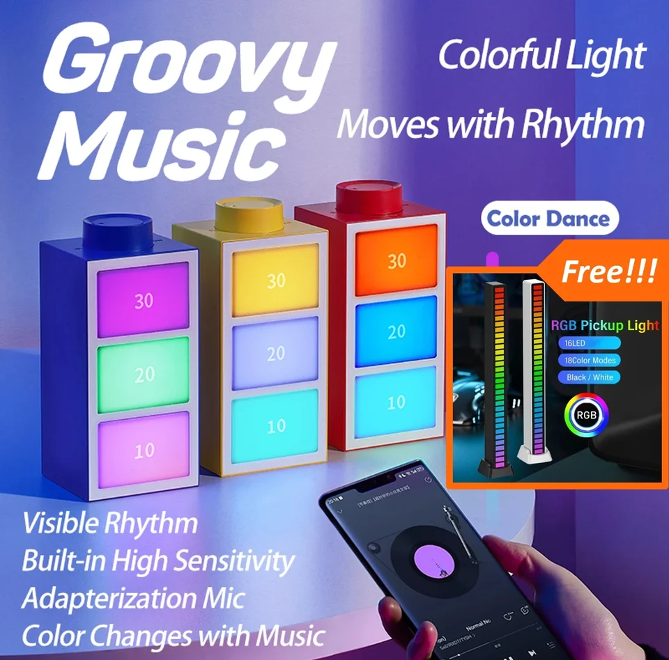 Powerup 3Mode RGBCW Night Light and Rhythm Indikátor batérie Dizajn Symfónia Zvonenie zvukového ovládania Hudba Ambient Light for Desk/Kids