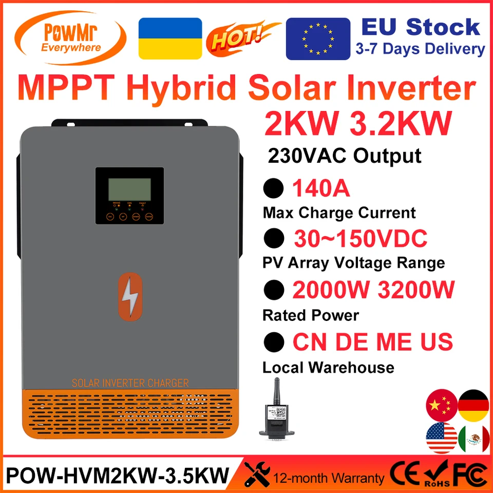 PowMR 2KW 3,2KW Hybridné solárne invertory 12V 24V až 230VAC 140A Fotovoltaické invertory Max.