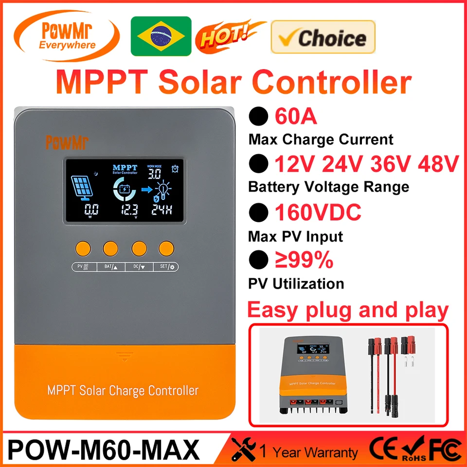 PowMR MPPT 60A Solar Byger Controller pre 12/24/36/48 V max