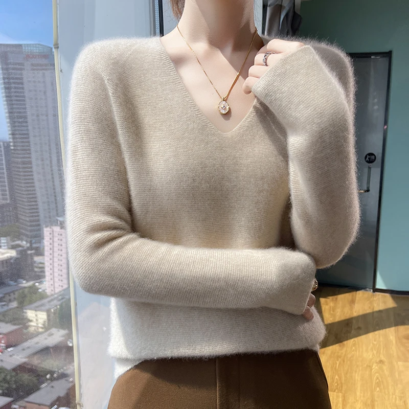 Pozitívne a negatívne 100% merino vlnená jesenná zimná zimná kašmítka Dámsky pullover V-krč