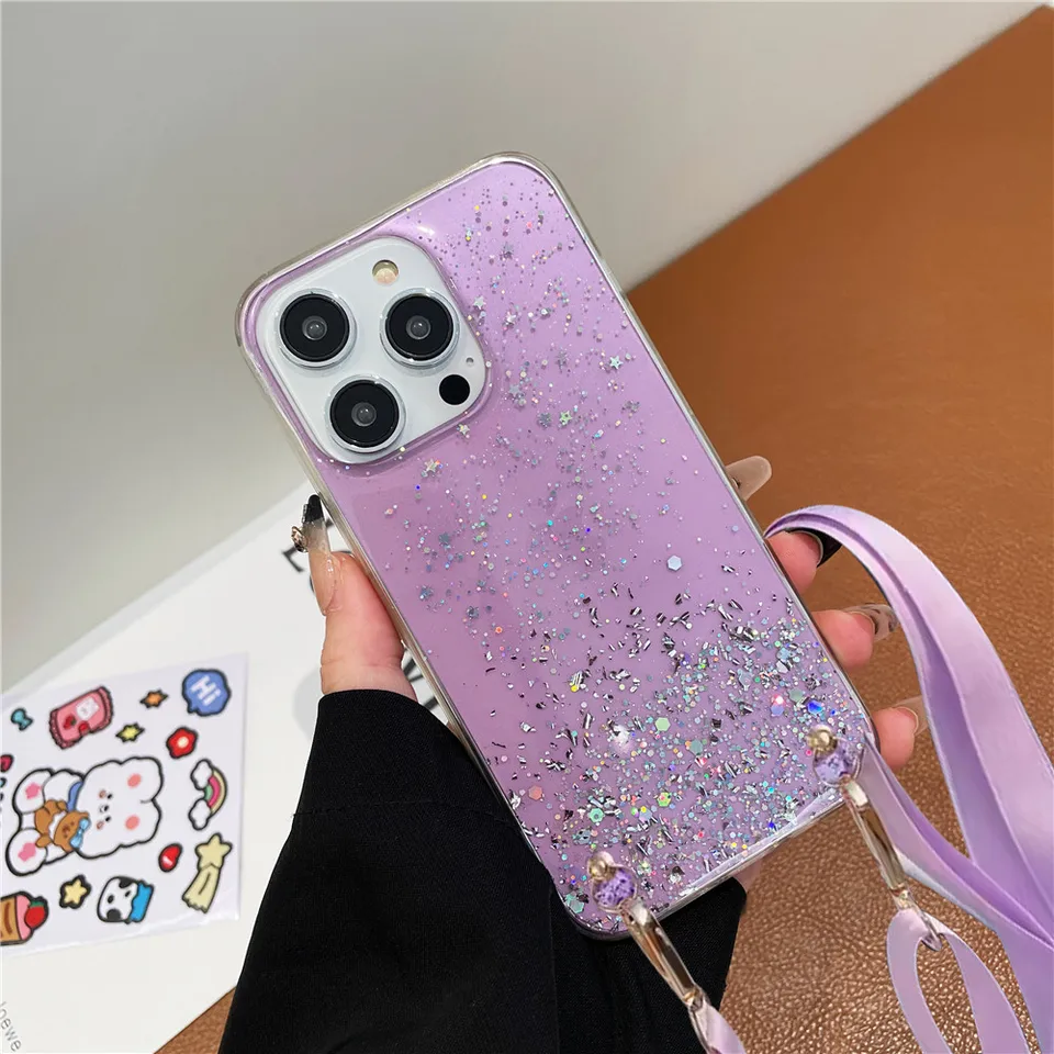 Poznámka 13 4G Crossbody Lanyard Glitter Clear Case pre Xiaomi Redmi Poznámka 13 12 Pro Plus 11s 10s 9s 11 9 8 Pro 8T Silikon Cover Cover
