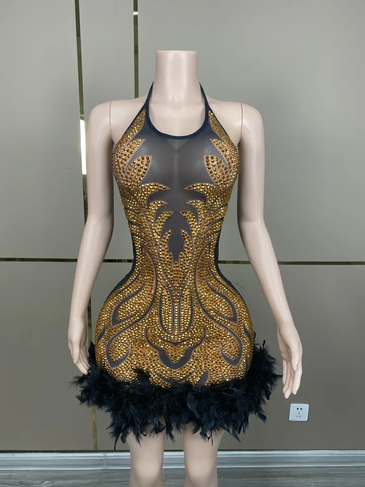 Pozrite sa prostredníctvom sexy žien narodeninové oslavy Gownshalter Sparkly Crystals African Black Girlsorange Mini Short Prom šaty D063