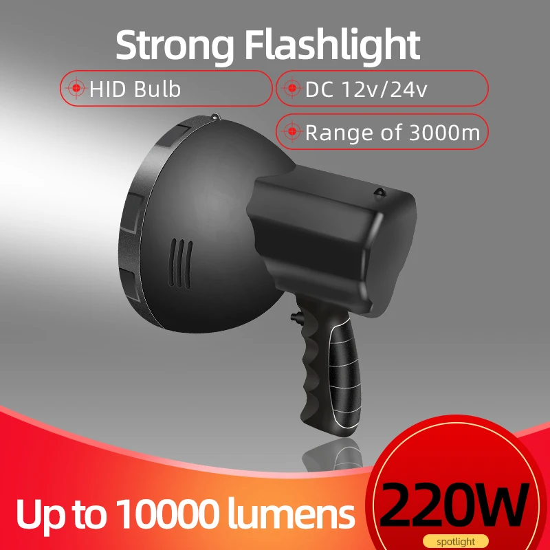 Poľovnícka baterka Výkonná baterka 220 W Torch Light Fishing taktická baterka High -Power Searchlight 12V Spotlight Camping