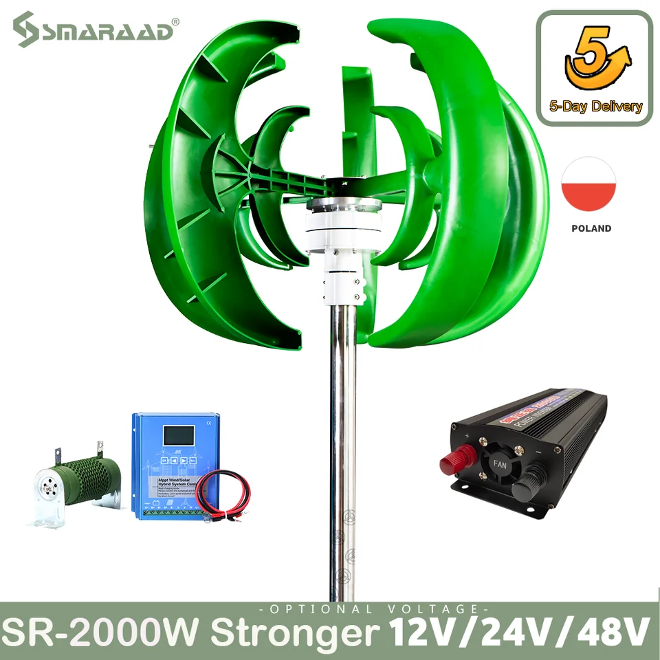 Poľský sklad 2000 W Vertikálna turbína 12V 24V 48V Vertikálna hriadeľ veterná turbína Silná energia pre prevádzku s nízkou rýchlosťou vetra