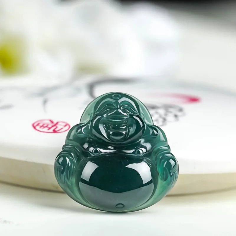Pošlite certifikát Mjanmarsko ľadovo podobné modrou vodou Jade s úsmevom veľkého brucha Buddha prívesok Wholesa