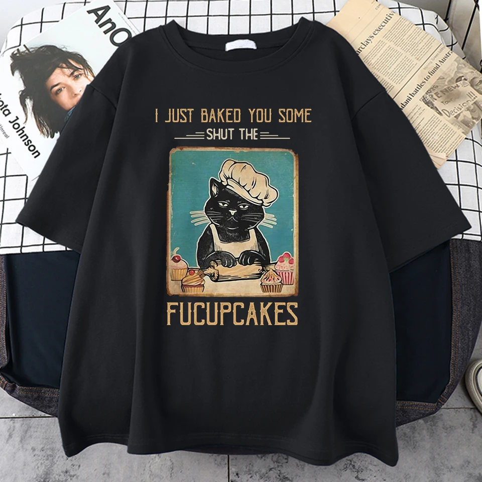 Pracovná koláčová šéfkuchár mačka tlače bavlnené tričká Men Vintage Crewneck Trend Trend krátko rukávy ulica Hip Hop Osobnosť