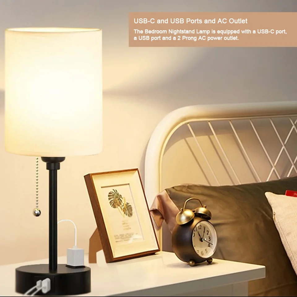 Pracovná lampa Pull Reťaz biely nočný stolík 3 farebné teploty - 2700k 3500k 5 000 K s USB C a porty s kovovou základňou striedavého prúdu