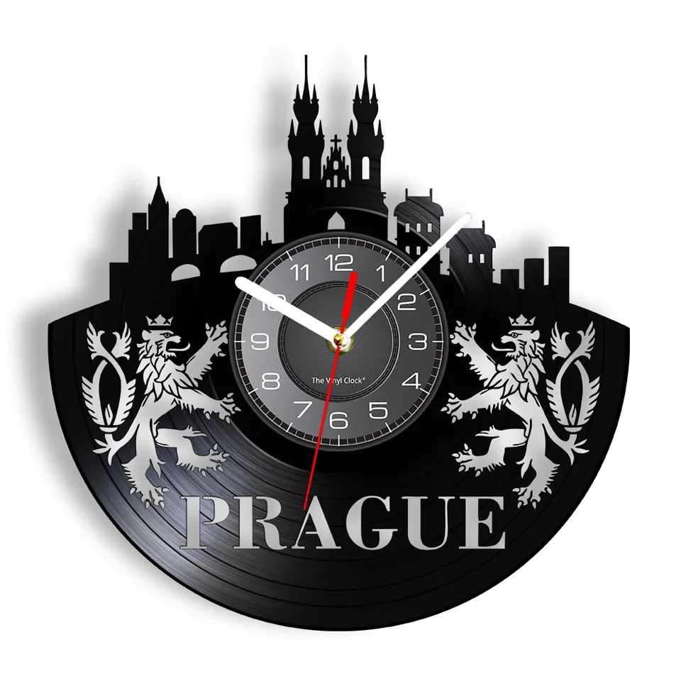 Praha panoráma Vinyl Record Wall Hodiny hlavné mesto Českej republiky Cityscape Domov Decor Decor Researy Art Travel Souvenír hodinky