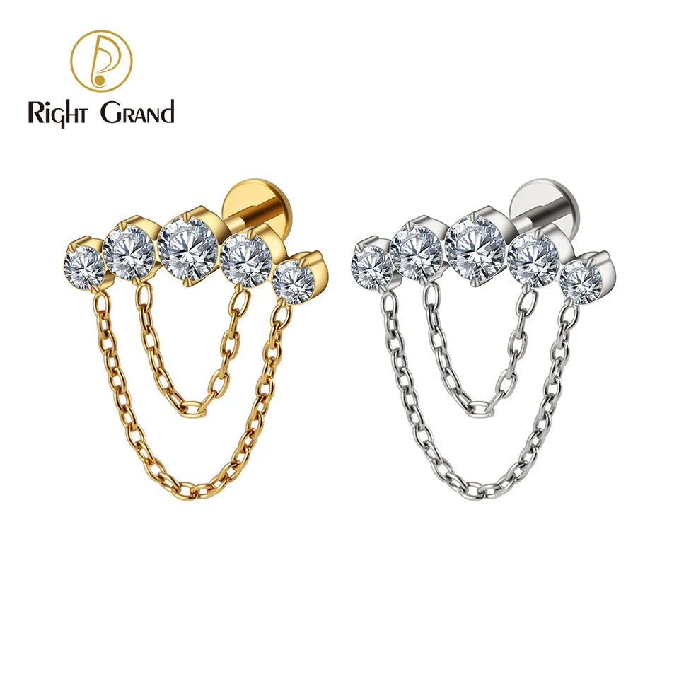 Pravá Grand ASTM F136 Titanium 5-Cluster Cz Stud náušnice s 2-stupňovou reťazou špirálovej chrupavky chrupavky Tragus pery piercing