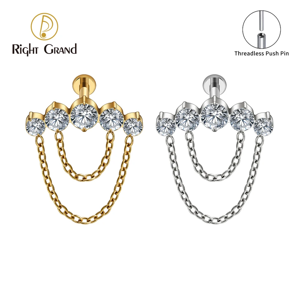 Pravý Grand ASTM F136 Titánový závit bez závitu Push Pit Royal Cz Cluster a reťaze Labret 18G/16G chrupavka Helix Piercing Flatback