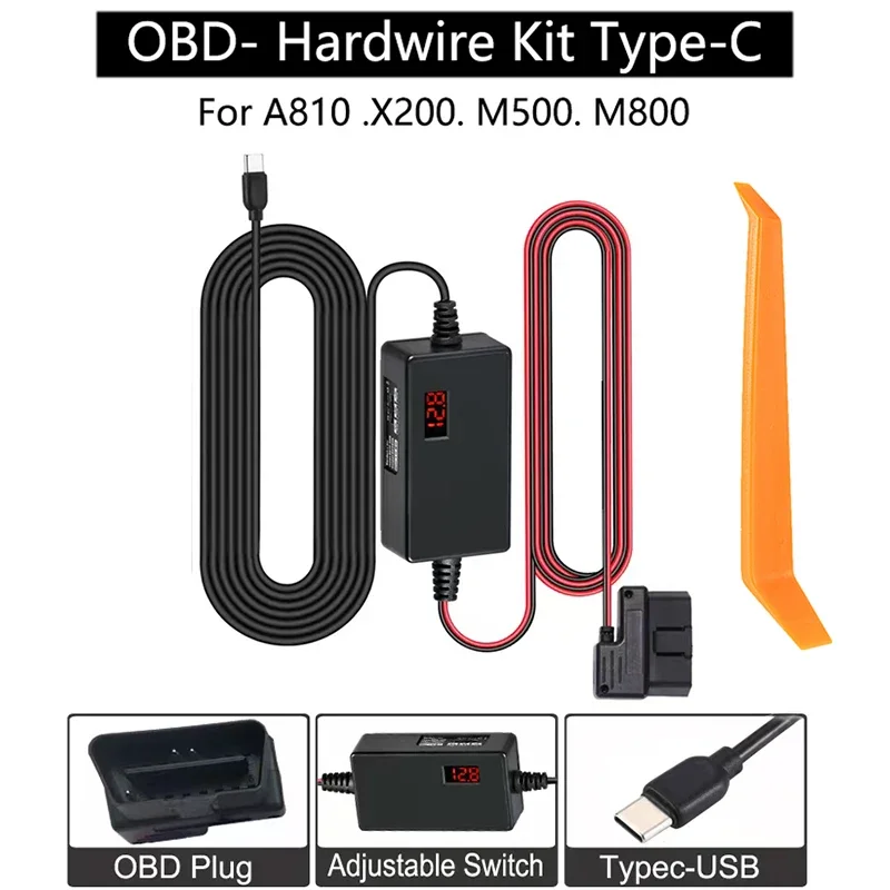 Pre 70MAI DASH CAM A810 OBD Hardwire Kit Typ napájacieho kábla USB C port 10 stôp 12v-24V až 5 V pre prístrojovú kameru Ochrana s nízkym napätím