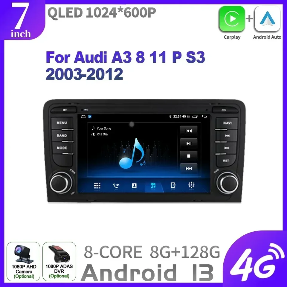 Pre Audi A3 8 11 P S3 2003-2012 Automobilové rádio Multimediálne navigačné bezdrôtové bezdrôtové plátno Stereo Android 13 2DIN SCREE 4G WIFI
