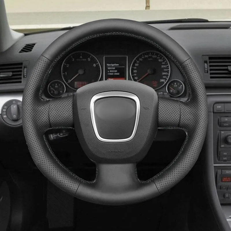 Pre Audi A3 8P Sportback A4 B7 Avant A6 C6 S4 Seat EXEO BLACK PERFOROVANÁ DIY DIY Ručne zašívaná obklad volantu
