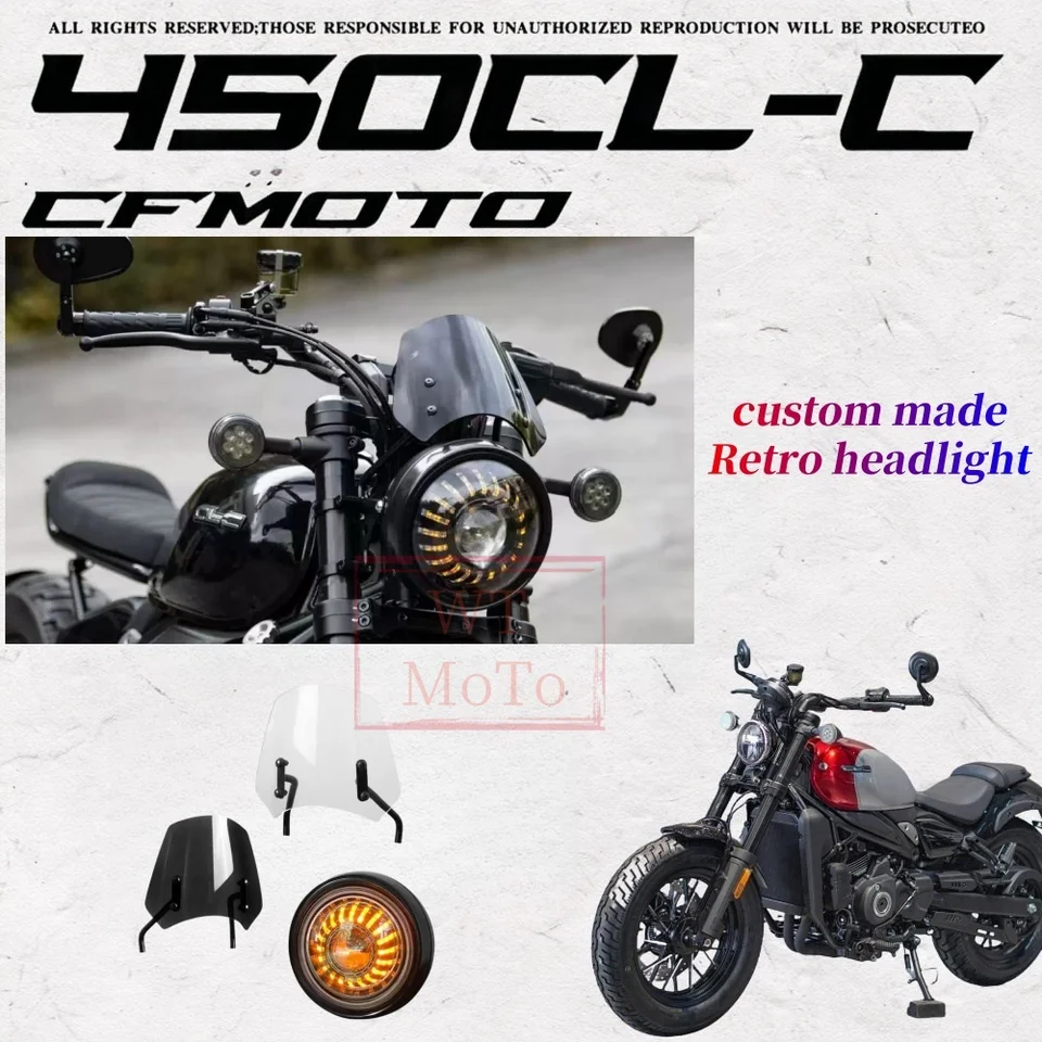 Pre CFMoto 450CLC prispôsobené svetlomety, super svetlé denné svetlá, 7-palcové okrúhle svetlomety a predné čelné sklo