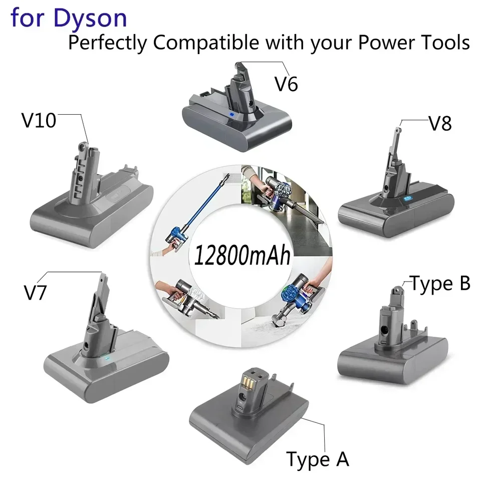 Pre Dyson V6 V7 V8 V10 Typ A/B 12800 mAh Výmena batérie pre vákuový vysávač bez absolútneho kábla Dyson