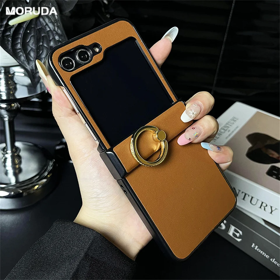 Pre galaxiu z flip 5 puzdro držiak na kruhový držiak puzdro Pure Color Leather Cover pre Samsung Z Flip 4 Zflip 3 Slim Luxury Business Case