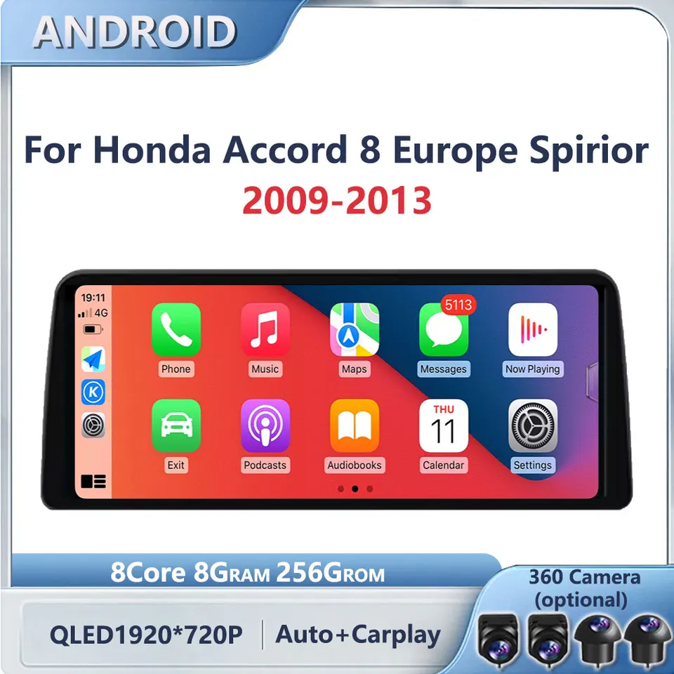 Pre Honda Accord 8 Europe Spirior2009 - 2013 Car Android Auto Screen Car Radio CarPlay Navigation GPS stereo 4G BT 5.0 8 jadro