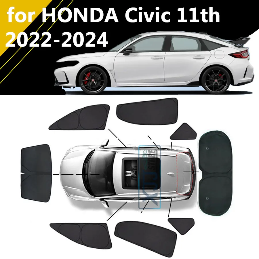 Pre Honda Civic 11. Sedan 2022 2023 2024 Vedené celé čierne auto slnečno Sunshade Sunshade Izolácia proti UV clonu