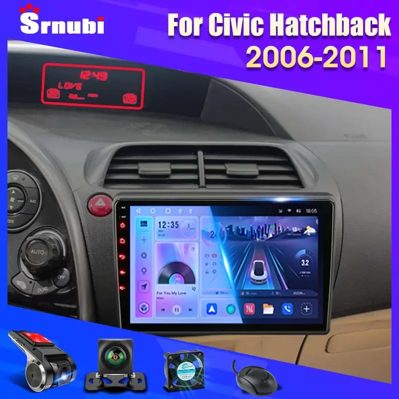 Pre Honda Civic Hatchback 2006-2011 Android 12 Aut Radio Multimedia Video Navigation 2 DIN Stereo DVD Head Unit Reproduktor CarPlay CarPlay