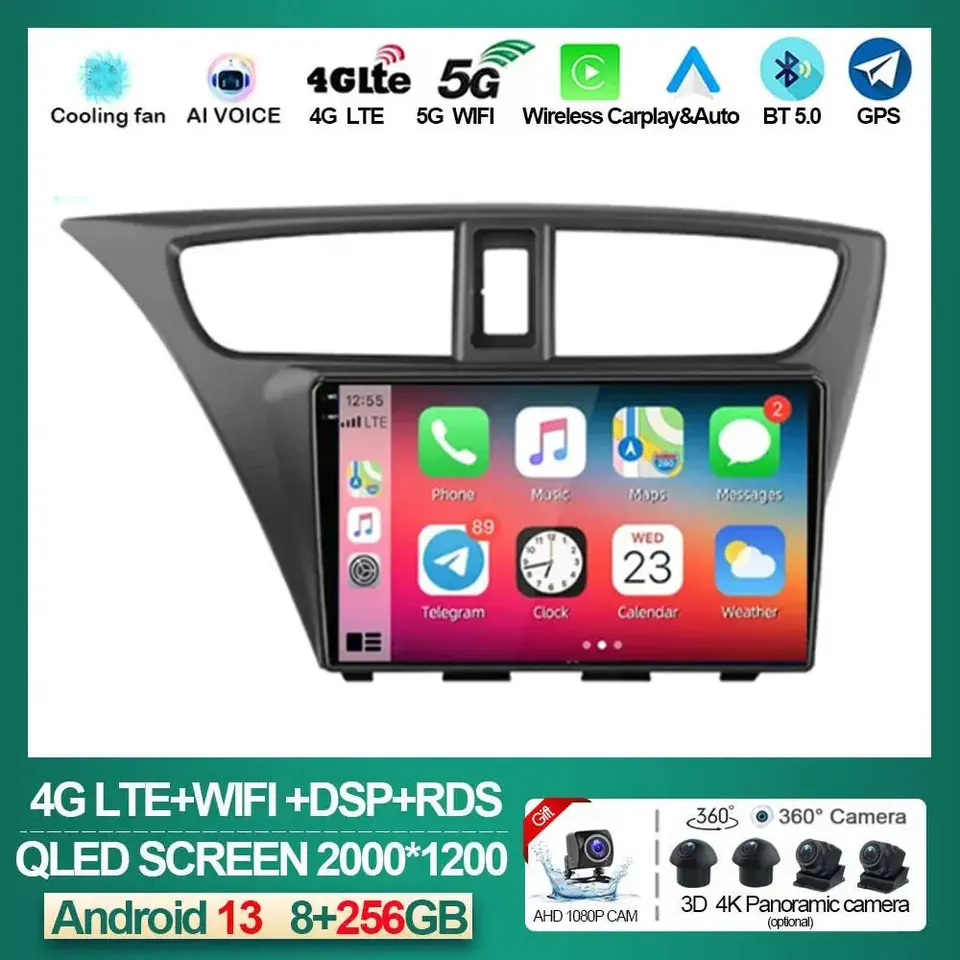 Pre Honda Civic Hatchback 2012 - 2017 4G Android 13 Car Stereo Radio Multimedia Video Player Navigation GPS Head Unit 2Din
