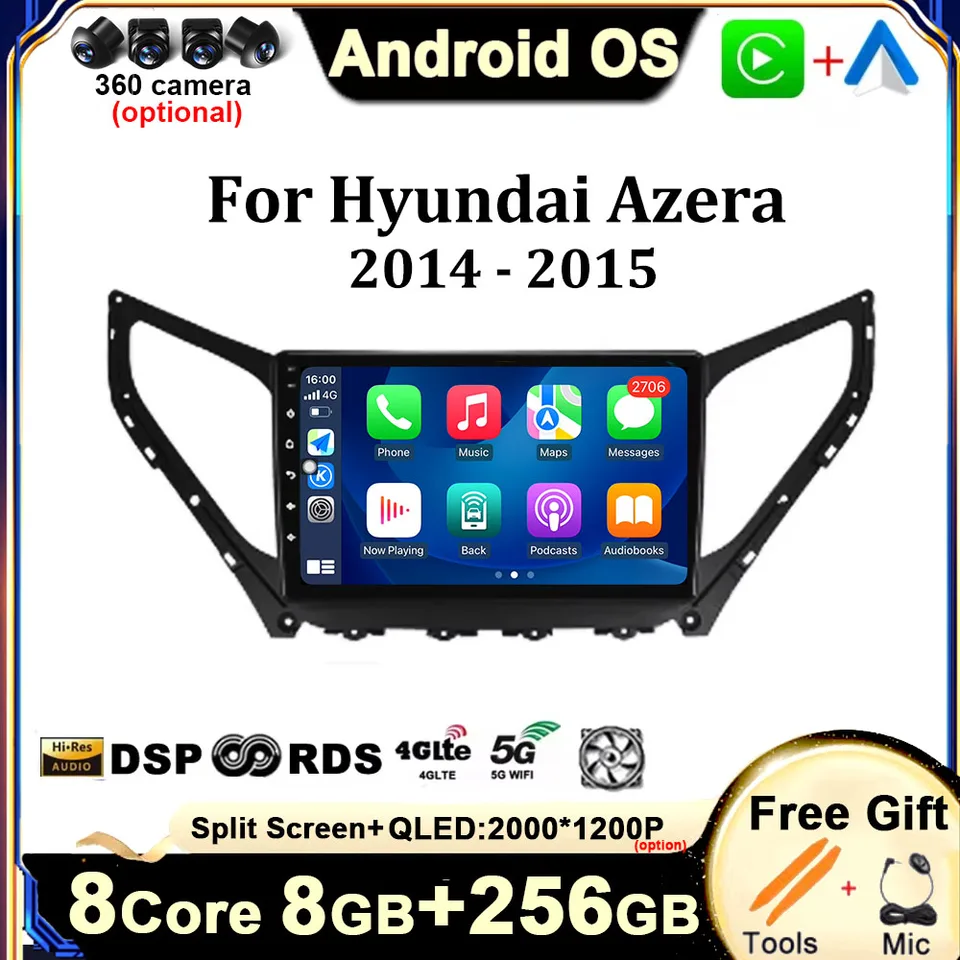 Pre Hyundai Azera 2014 2015 Android 14 Automo Radio CAR Multimedia Player Player Screen Screen DSP 4G GPS WiFi BT Wireless CarPlay
