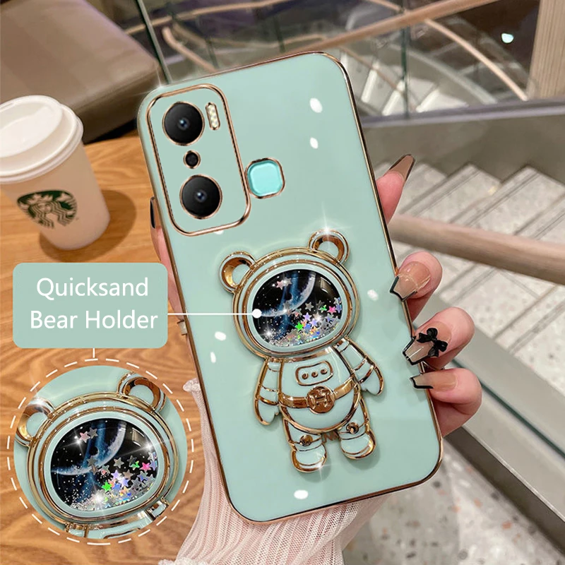 Pre infinix Hot 20i telefónny puzdro Quicksand Cartoon Bear Fook Stop Solid Color Soft Silikone Luxury Platat Cover
