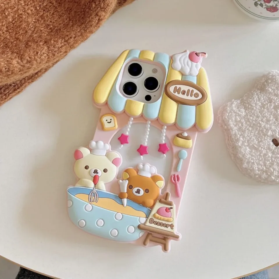 Pre iPhone 12 13 14 15 16 Pro Max 3D Cartoon Rilakkuma Dezert Story Story Chef Bear Telefón Puzdro Dezert Mäkký silikón