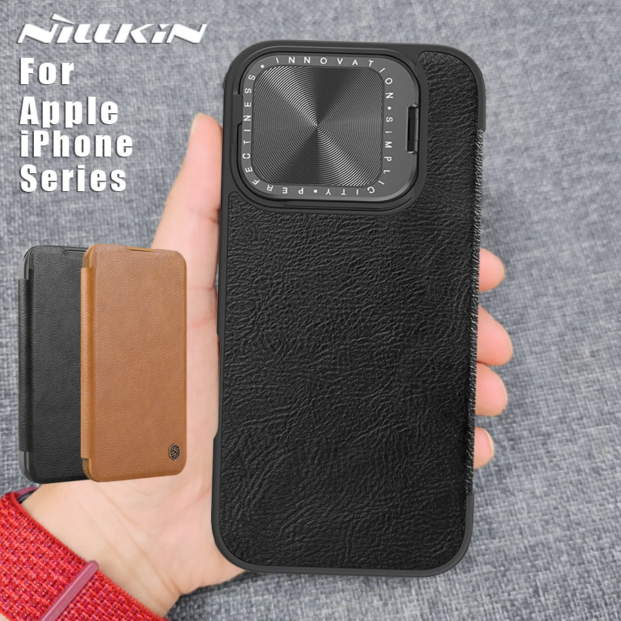 Pre iPhone 16 Pro Max / 16 Pro / 16 Nillkin Case Qin Pu Flip Leather Camshield Prop Cover Carte Slot Coamare Chráni puzdro