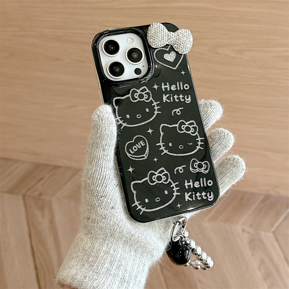 Pre iPhone 16 Pro Max Black Diamond Bow Cartoon Hello Kitty Puzdro pre iPhone 11 12 13 14 15 Pro Max