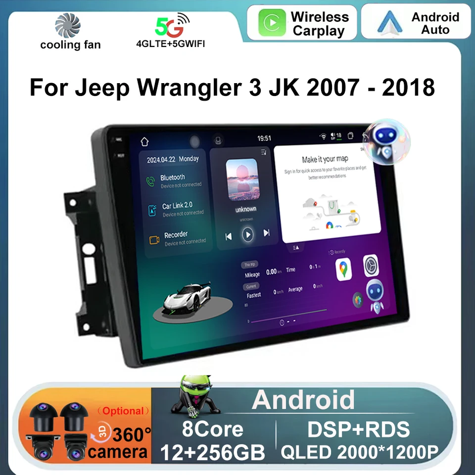 Pre Jeep Wrangler 3 JK 2007 - 2018 Android GPS Navigation Video Radio Auto Multimedia 4G Wireless CarPlay Zadná kamera DSP RSD