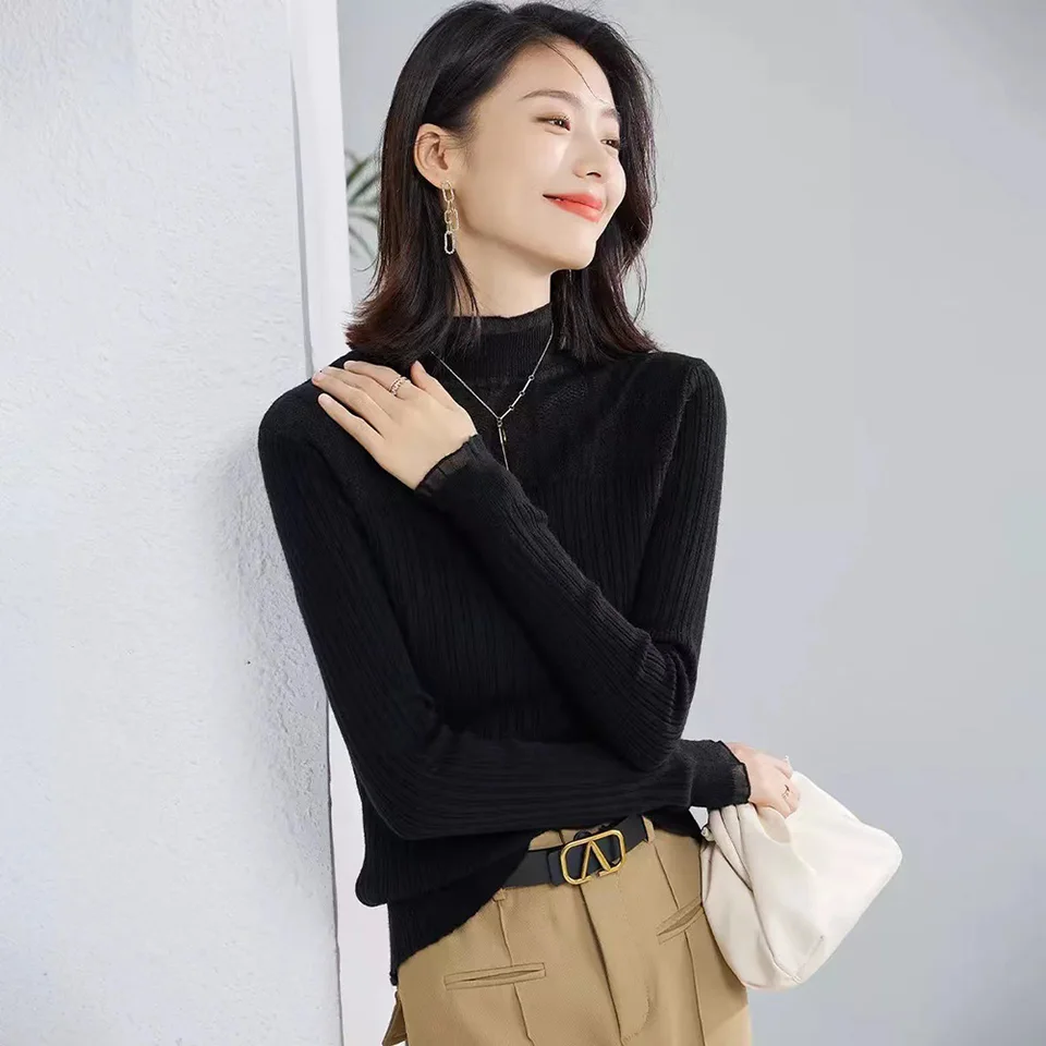 Pre jesenné opotrebovanie marhule jesenná zimná zimná zima Top Cast Long Ruckve Daily Wear Elastic Material Prázdnina Pravidelná dĺžka