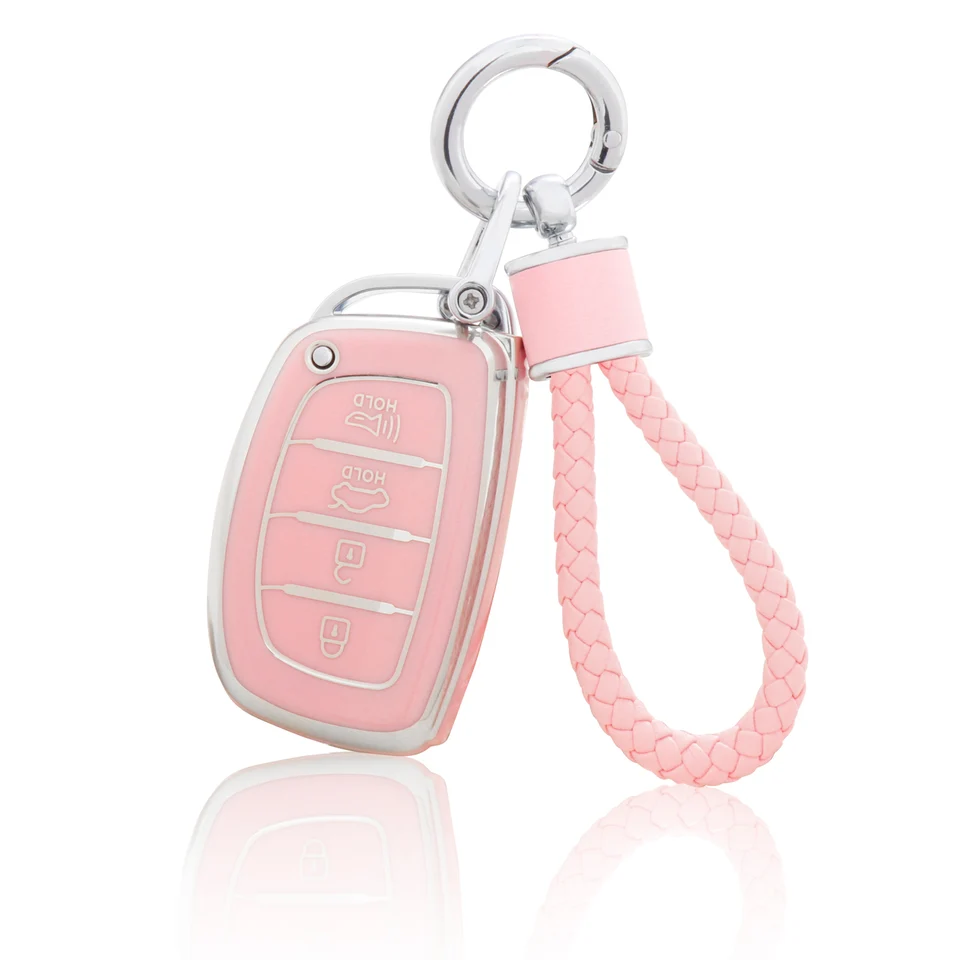Pre kryt FOB Hyundai Key s Keychainom, ružová mäkká TPU Kľúčová ochrana puzdra pre lantra ioniq sonata tucson elantra gt