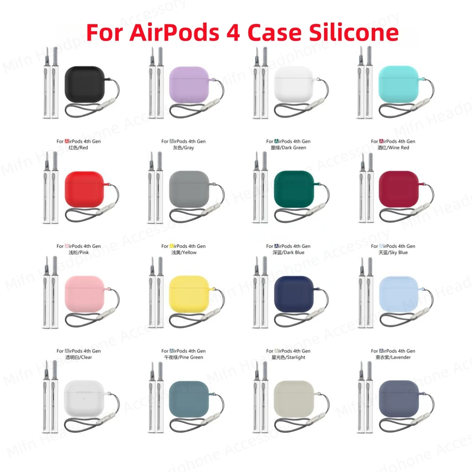 Pre kryt puzdra AirPod 4 s čistiacou súpravou kvapalina Silikónové slúchadlá s puzdrom na šnúrku proti Lanyardu pre 2024 Airpods 4. gen New Gen New