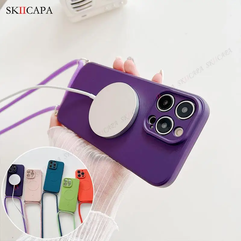Pre magnetické kvapaliny Magsafe pre puzdro pre silikón pre iPhone 11 12 13 Pro Max 14 Plus Crossbody Náhrdelník Strep Soft Cover Soft Cover