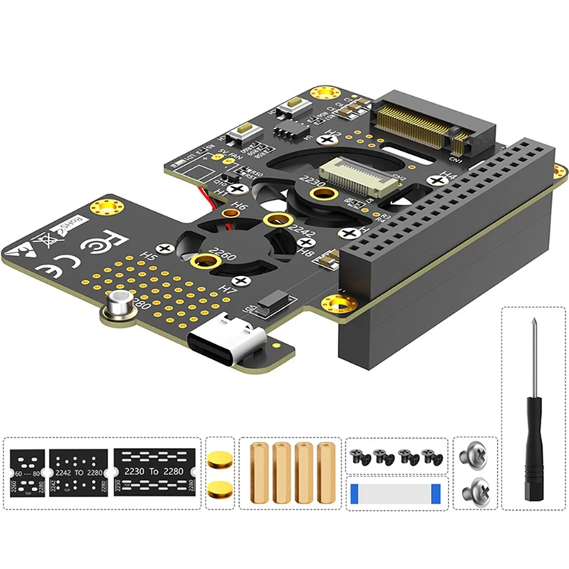 Pre maliny pi 5 pcie až M.2 NVME SSD Hat 3in1 s duálnym fanúšikom Gen2 Gen3 pre 2230 2242 2260 2280 M.2 M-Key NVME SSD