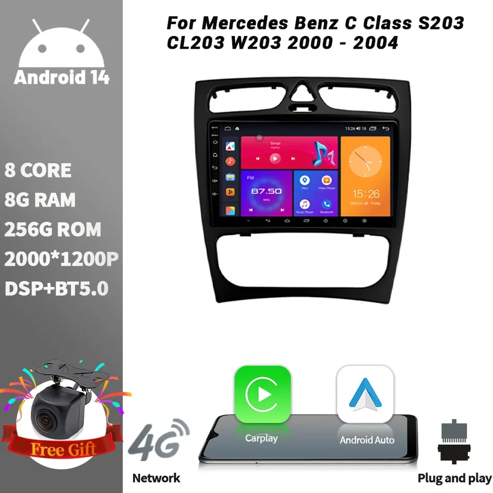 Pre Mercedes Benz C Class S203 CL203 W203 2000-2004 Automobilie Radio Multimedia Player Navigation Android Wireless Carplay Screen 4G