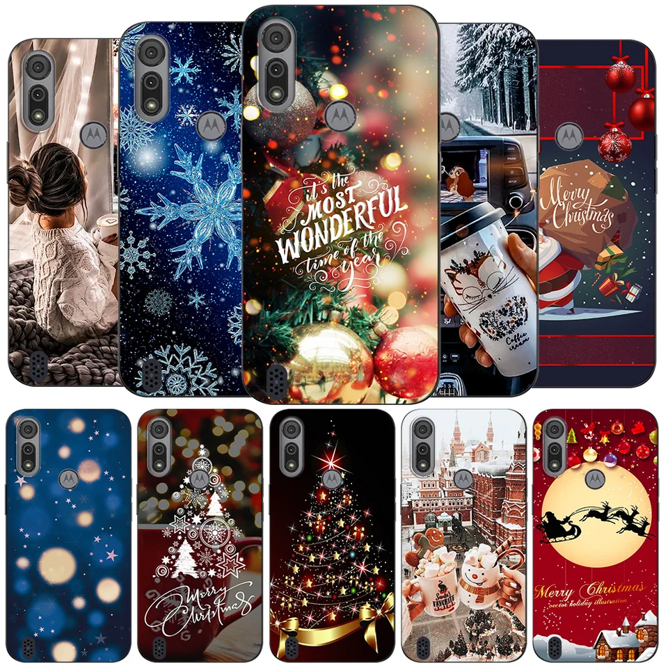 Pre Motorola Moto E6S E6i Case Cover Cover Ochranné mäkké silikónové čierne puzdro TPU Vianočné zimné sneh