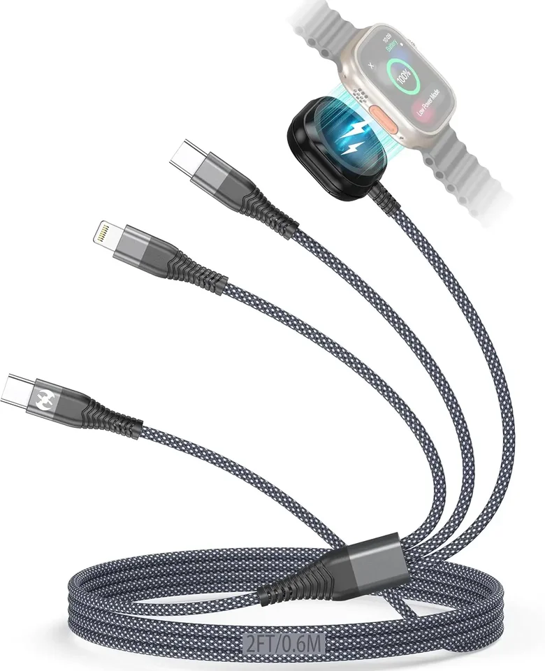 Pre nabíjačku iWatch, viacnásobný nabíjací kábel 2 stôp blesku typu C USB Cord Watch Wreeless Wireless nabíjačka 3 v 1 nabíjací drôt