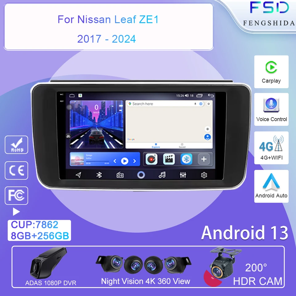 Pre Nissan Leaf ZE1 2017 - 2024 Car GPS navigácia Android Auto Screen CarPlay 4G BT WiFi Stereo Multimedia Player No 2DIN