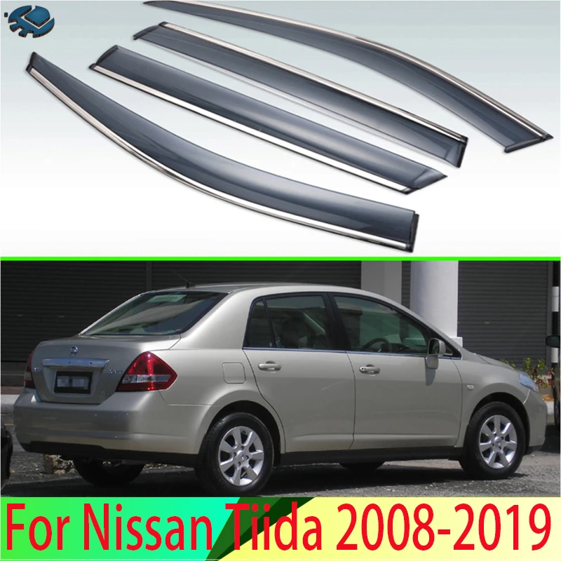 Pre Nissan Tiida 2008-2019 2010 2015 Nissan Latio Sedan Plastický exteriér Vonkajšie odtiene Venok odtiene okno Sun Rain Guard Deflector 4pcs