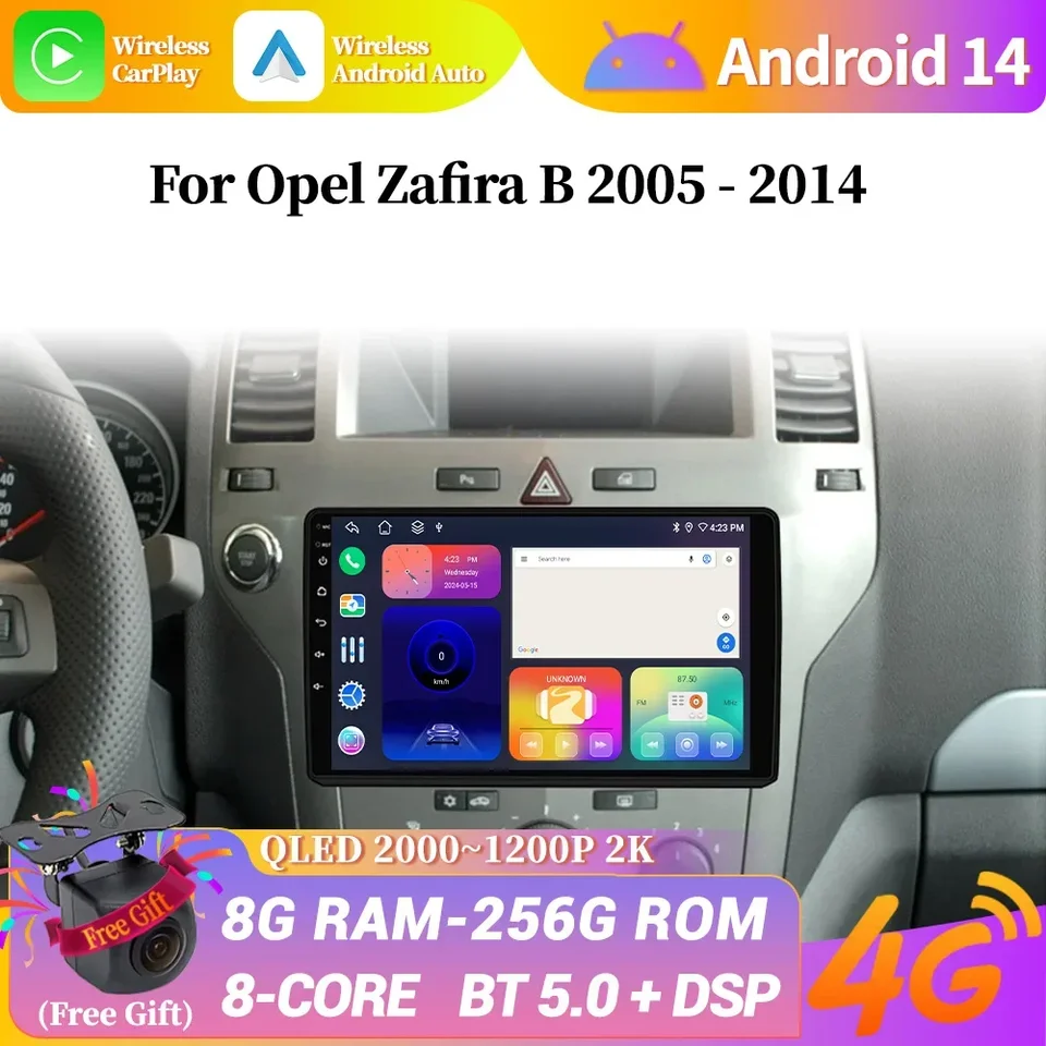 Pre Opel Zafira B 2005-2014 Android 14 Auto Radio Multimedia 4G GPS Apple Android Wireless Bluetooth CarPlay Touch Screen Screen Stereo