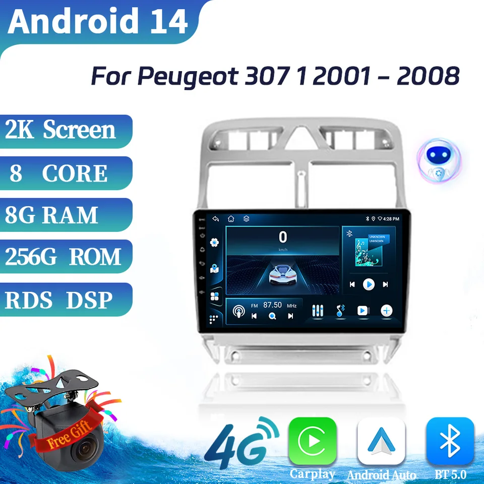 Pre Peugeot 307 1 2001-2008 Android 14 4G GPS Wireless Apple CarPlay Car Radio Bluetooth Central Multimedia Touch Screen Stereo
